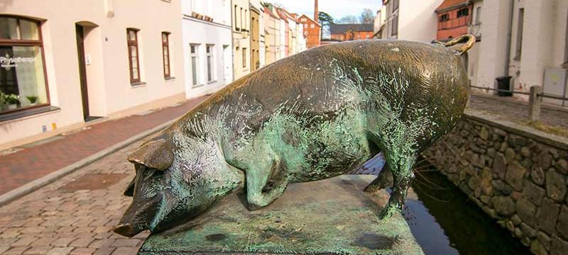 Eine Bronze in Wismar: Auf der Schweinsbrücke räkeln sich Schweine.