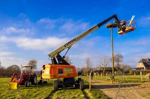 Ein Hubsteiger hievt ein Storchennest auf einen Pfahl.