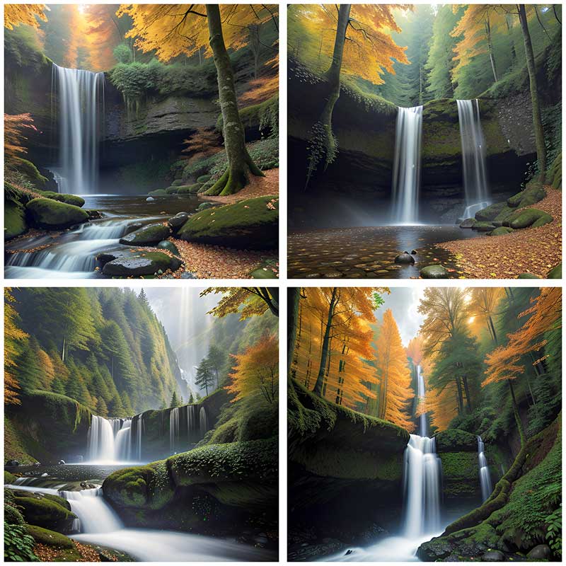 Vier Varianten eines Bildes von einem Wasserfall.